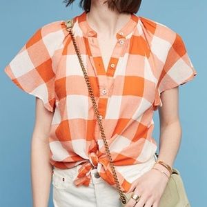 Anthropologie Orange and White Checkered Blouse